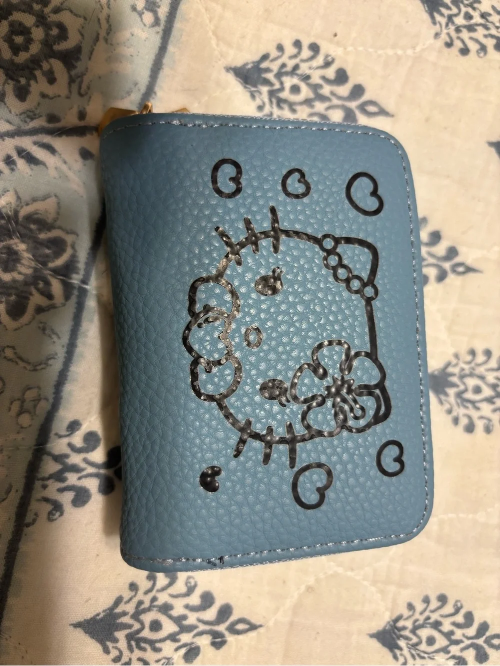Hello Kitty Blue Pebbled Zip Wallet with Heart & Floral Sketch